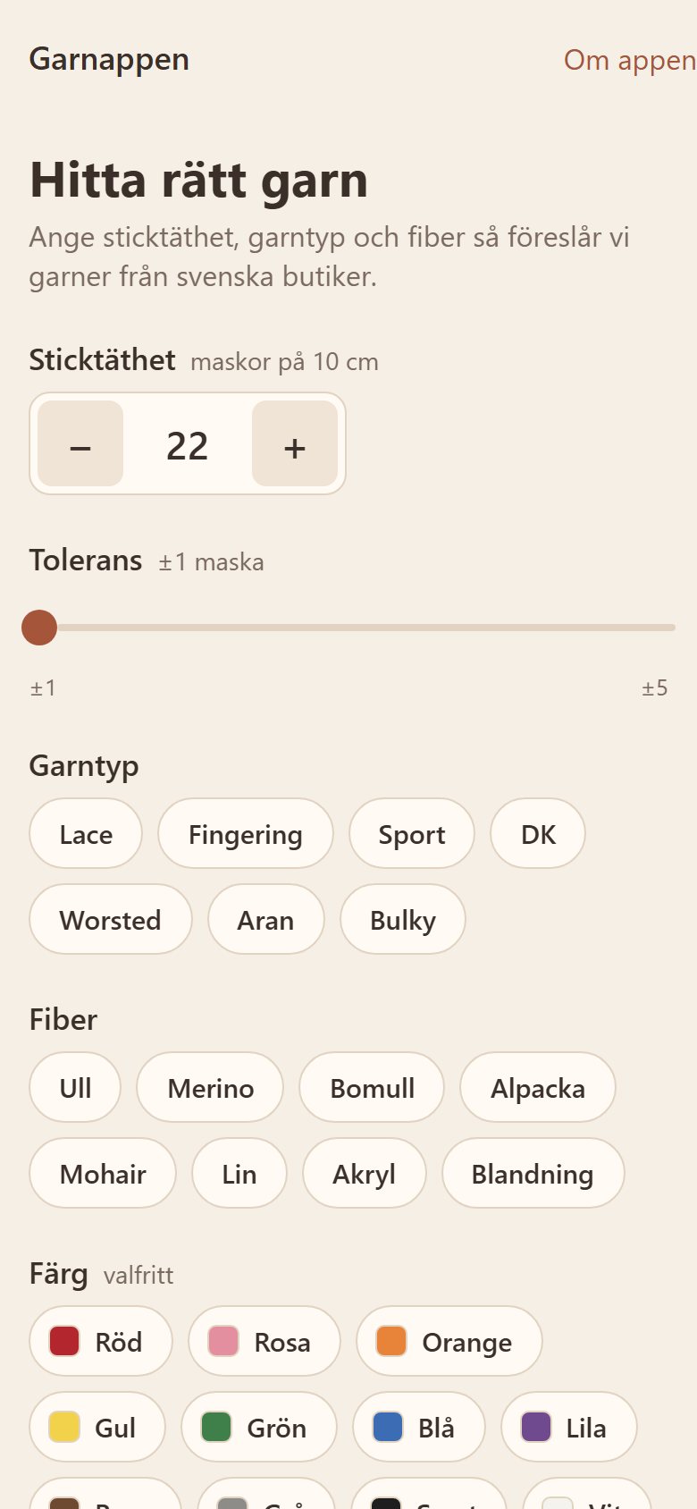 Söksidan med sticktäthet, tolerans, garntyp, fiber och färg