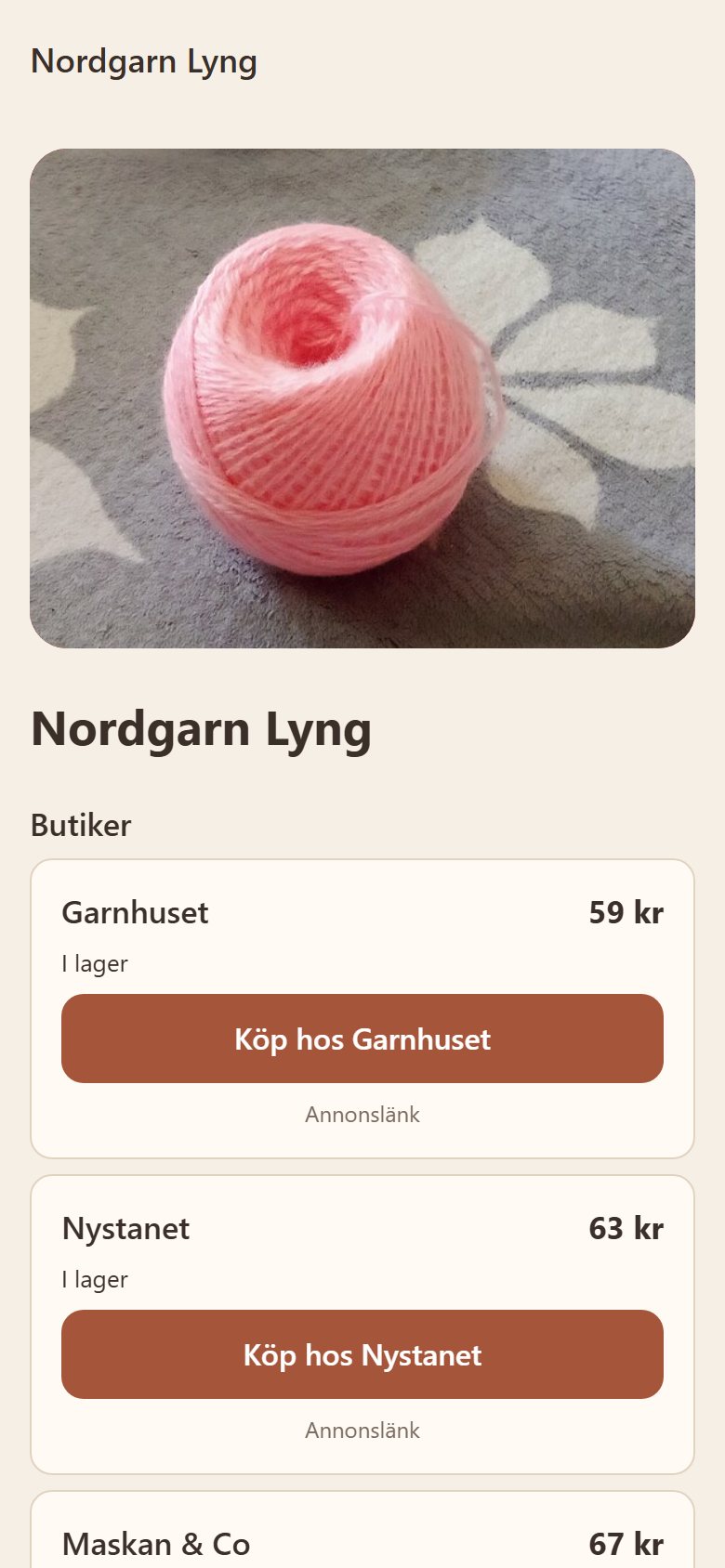 Garnsida med butiker, priser och köpknappar