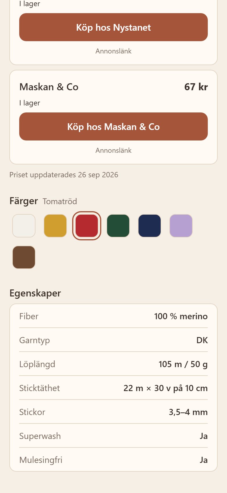 Garnets färger och egenskaper: fiber, garntyp, löplängd, sticktäthet och stickor